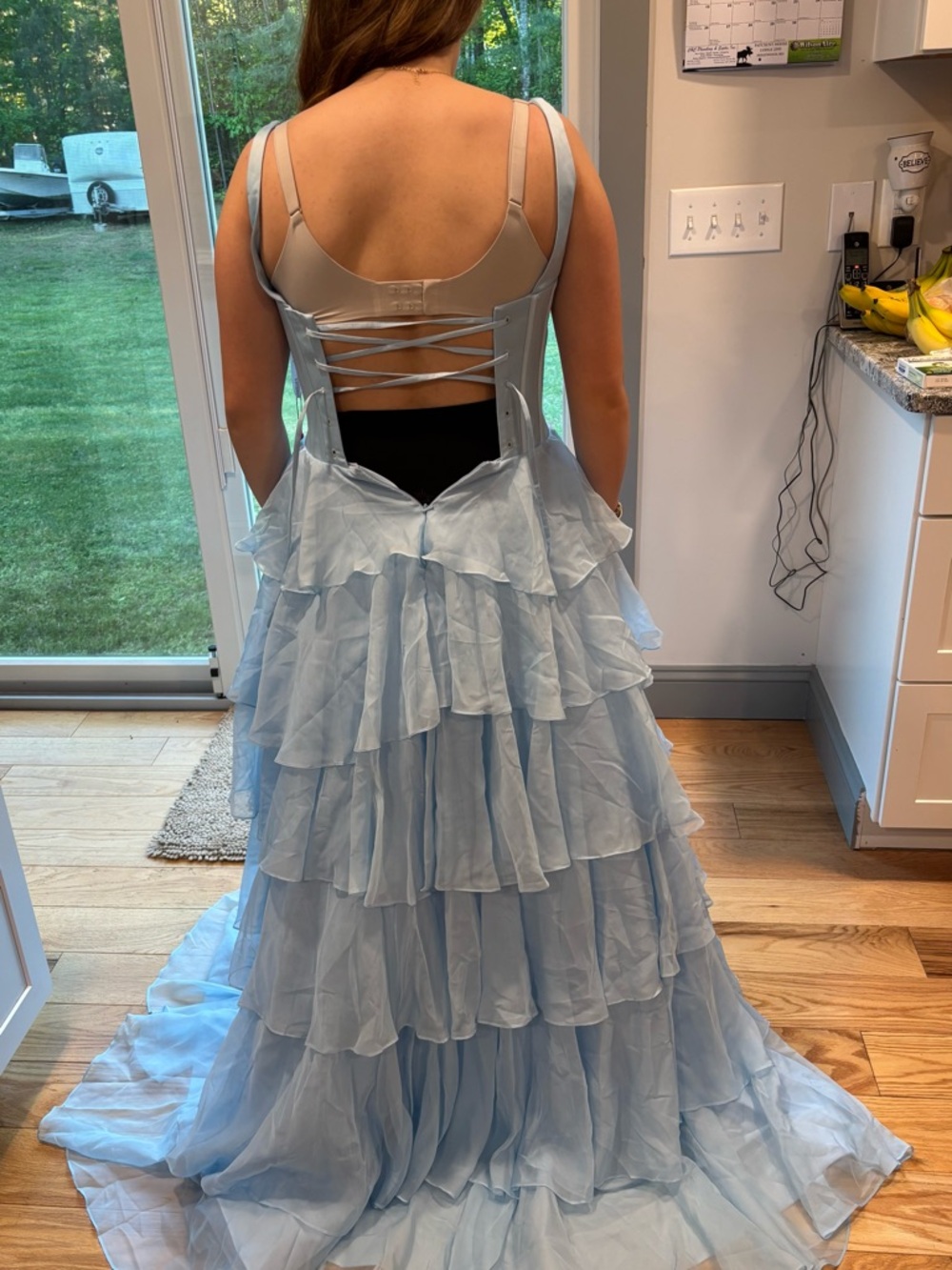 PromGirl Light Blue Tiered Ruffle Prom Dress with Square Neck - Picture 4 of 5